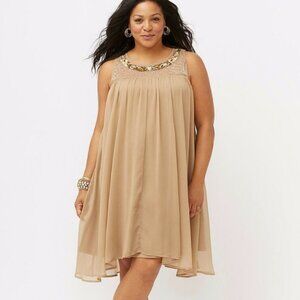 Lane Bryant Gold Beaded Sleeveless Chiffon Swing Dress